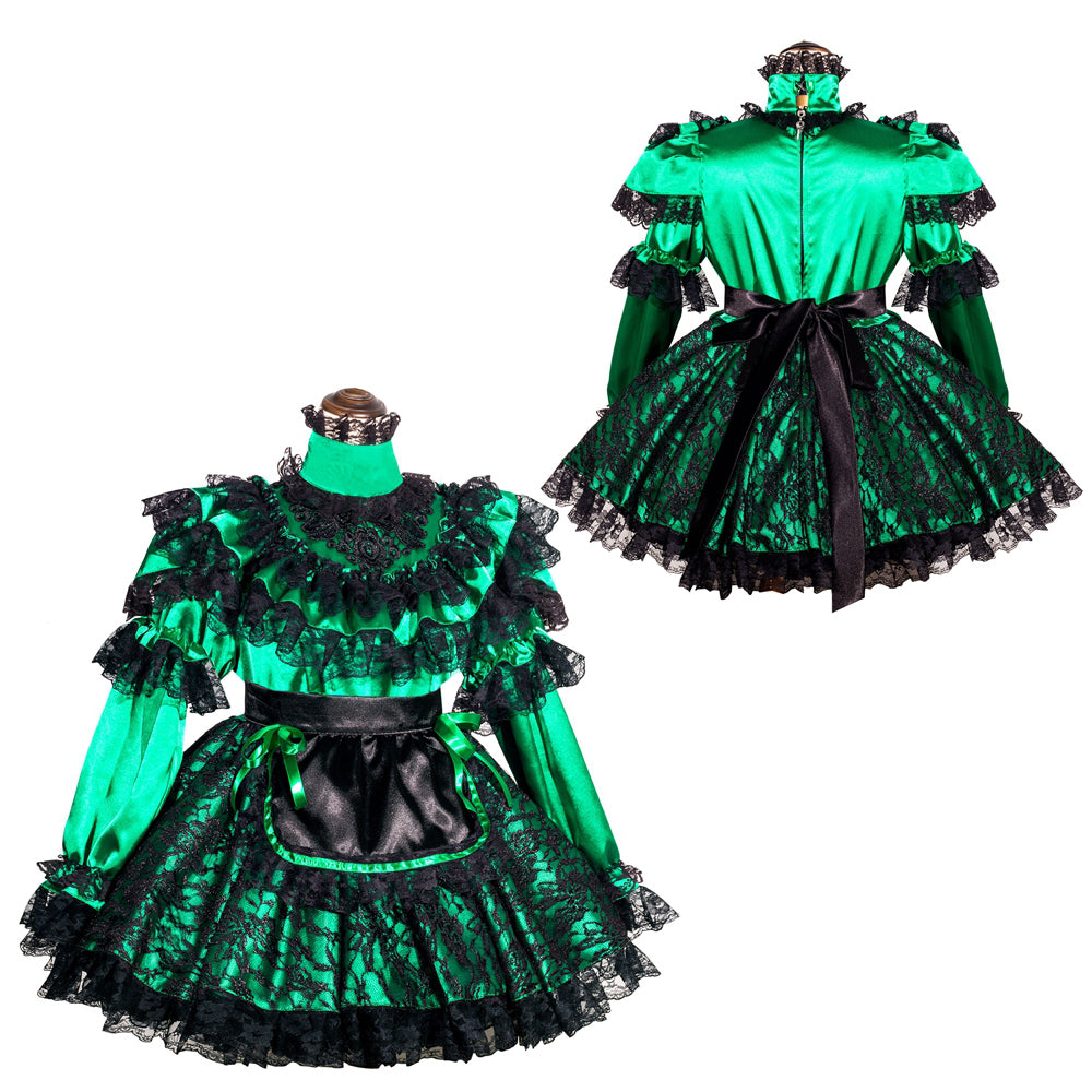 Emerald green sissy maid dress with black lace, ruffles, and satin bow, shown front and back