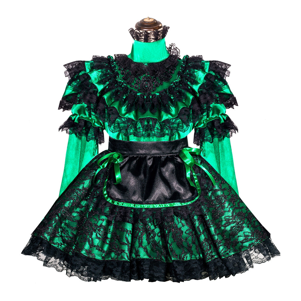 Emerald green and black lace sissy maid dress with ruffles and satin apron, elegant boutique costume