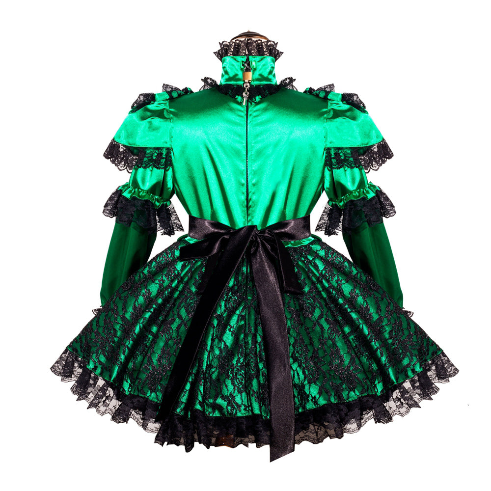 Emerald green sissy maid dress with black lace and satin bow, elegant and detailed design