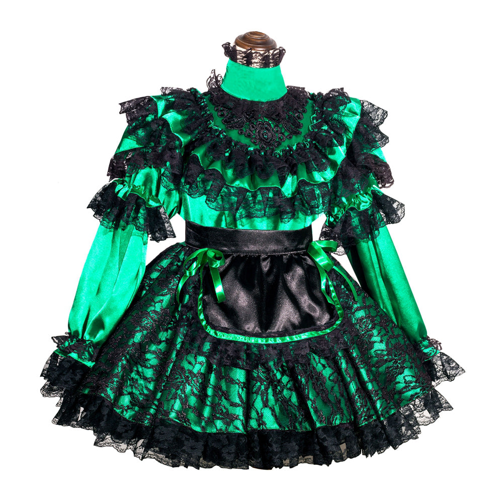 Emerald green and black sissy maid dress with lace ruffles, satin blouse, and apron-style skirt