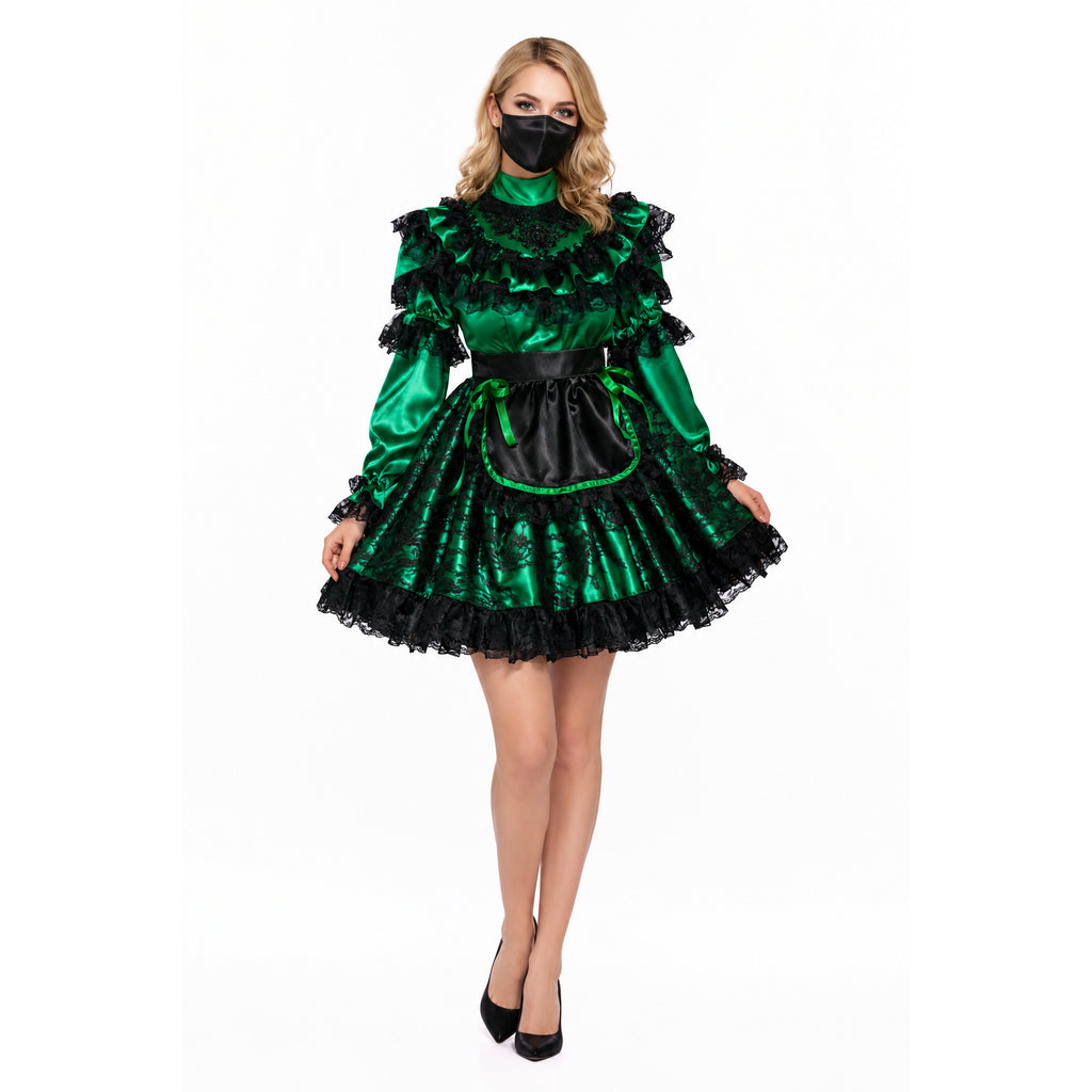Green sissy maid dress with black lace and ruffles, elegant satin design