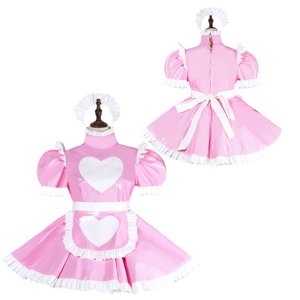 Pink sissy maid dress with white heart, ruffles, and apron, shown front and back on mannequin