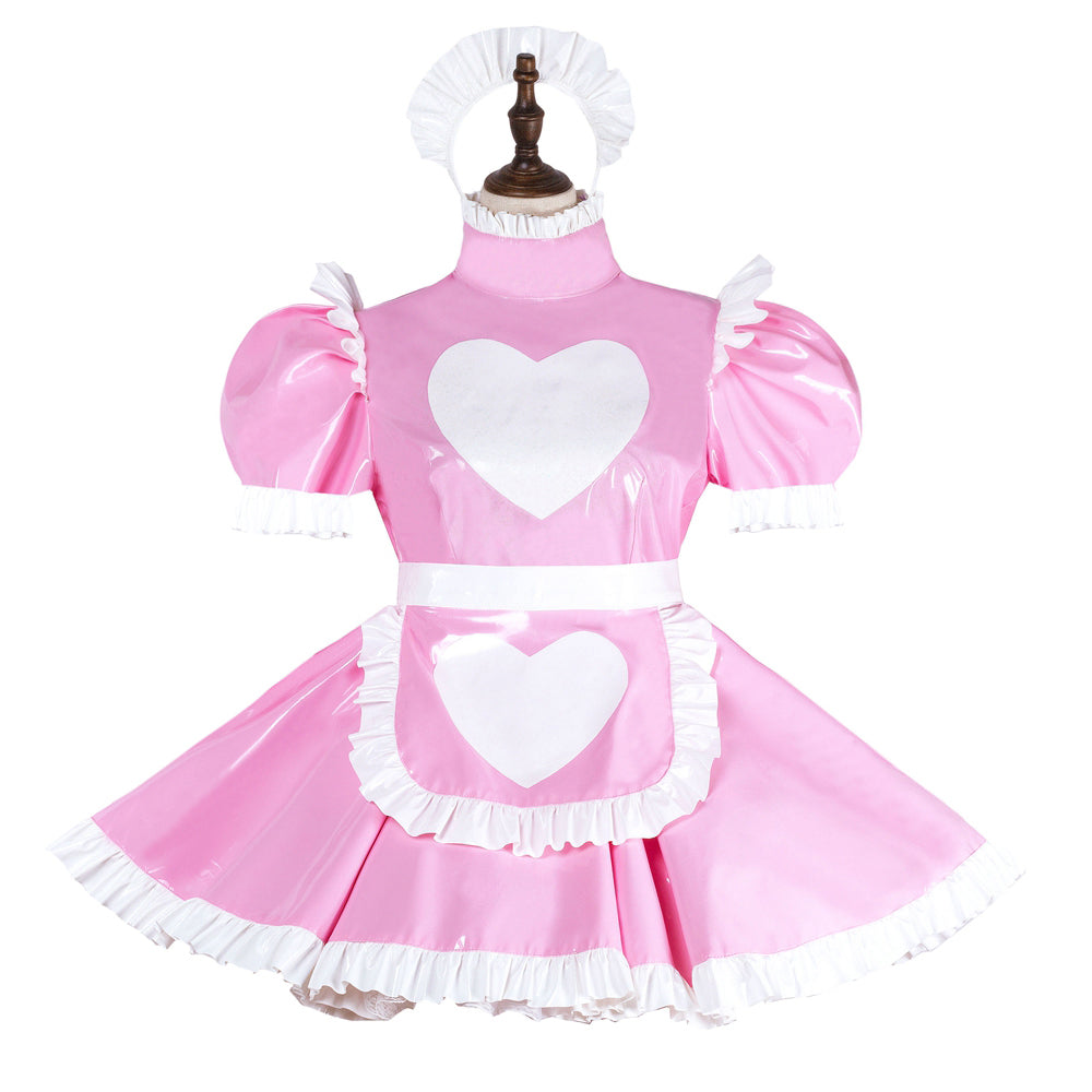 Pink sissy maid dress with white heart, ruffles, and matching bonnet on mannequin