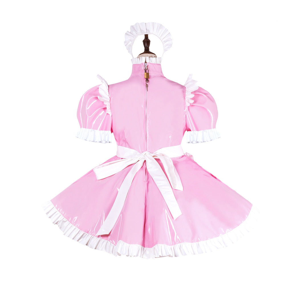 Pink PVC sissy maid dress with white ruffles, bow, and lockable back, displayed on mannequin