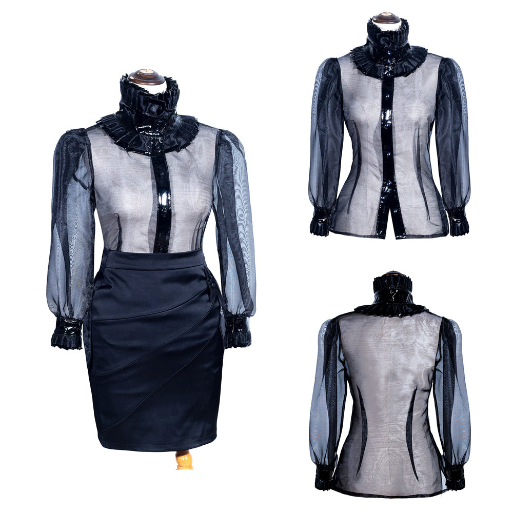 Ensemble Blouse & Jupe Organza Satin Noir G4005