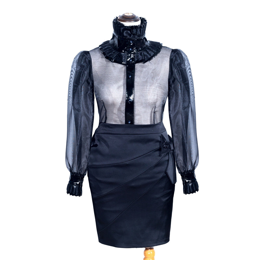 Ensemble Blouse & Jupe Organza Satin Noir G4005