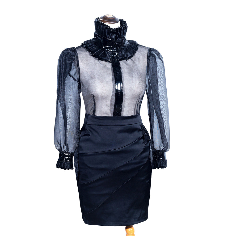 Ensemble Blouse & Jupe Organza Satin Noir G4005