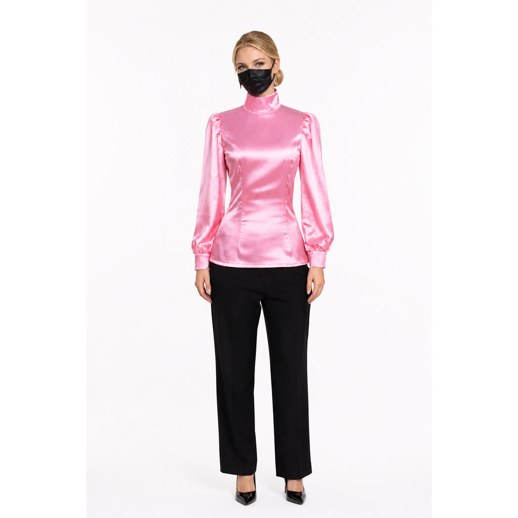Pink satin blouse with puff sleeves, black pants, and mask — sissy maid dress set