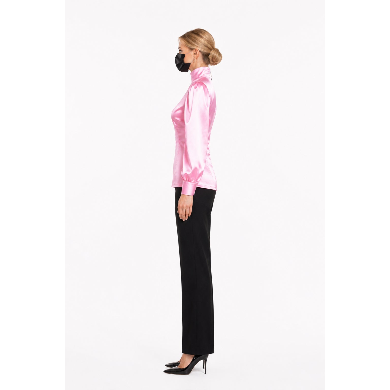 Pink satin blouse with high collar, black pants, and heels — sissy maid dress set