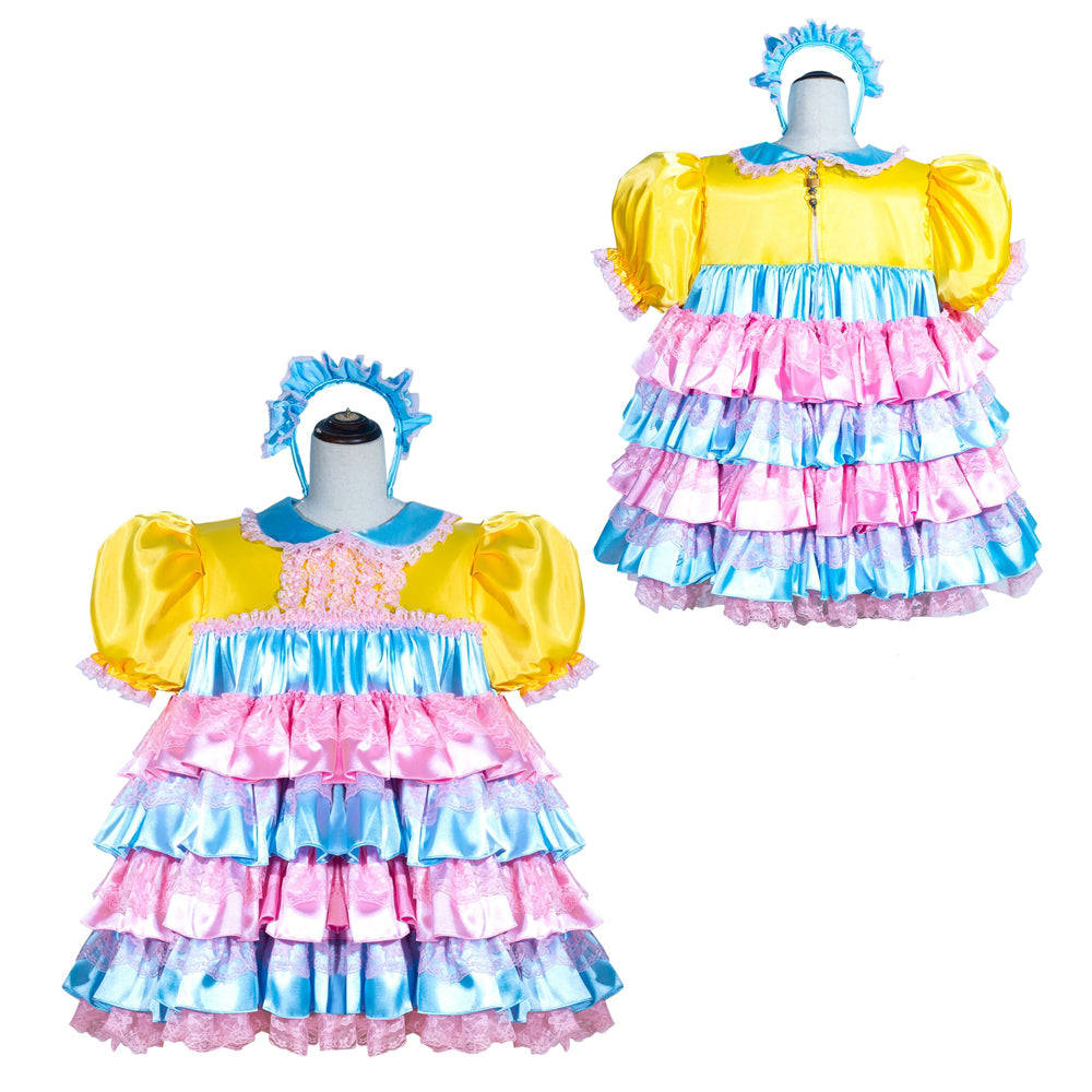 Sissy maid dress with yellow puff sleeves, pink and blue ruffles, and matching headband on mannequin