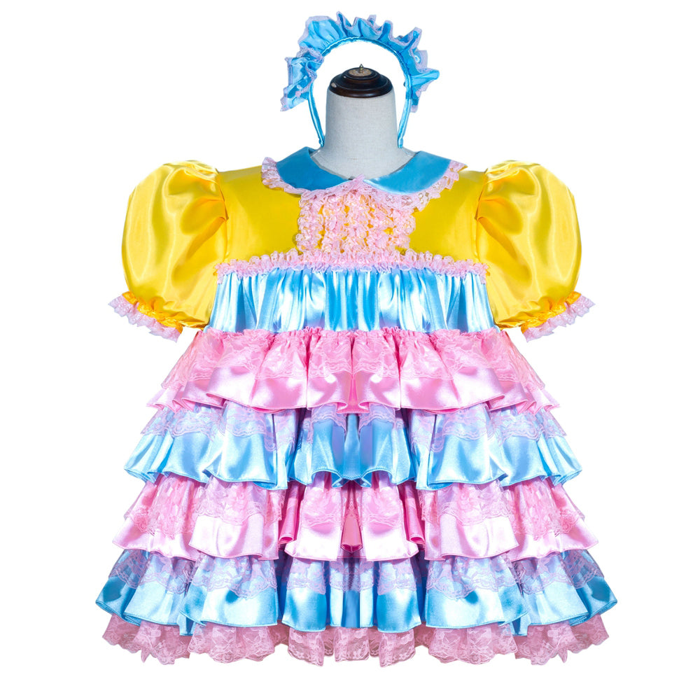 Sissy maid dress with yellow puff sleeves, pink and blue ruffles, and matching headband on mannequin