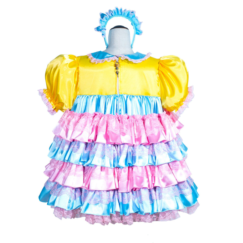 Yellow and blue sissy maid dress with pink ruffles and lace trim, featuring puffed sleeves and a matching headband.