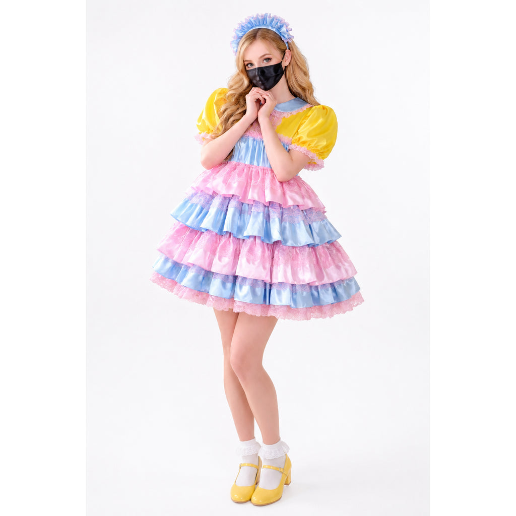Pastel sissy maid dress with ruffled layers, yellow puffed sleeves, and matching headband for costume fashion