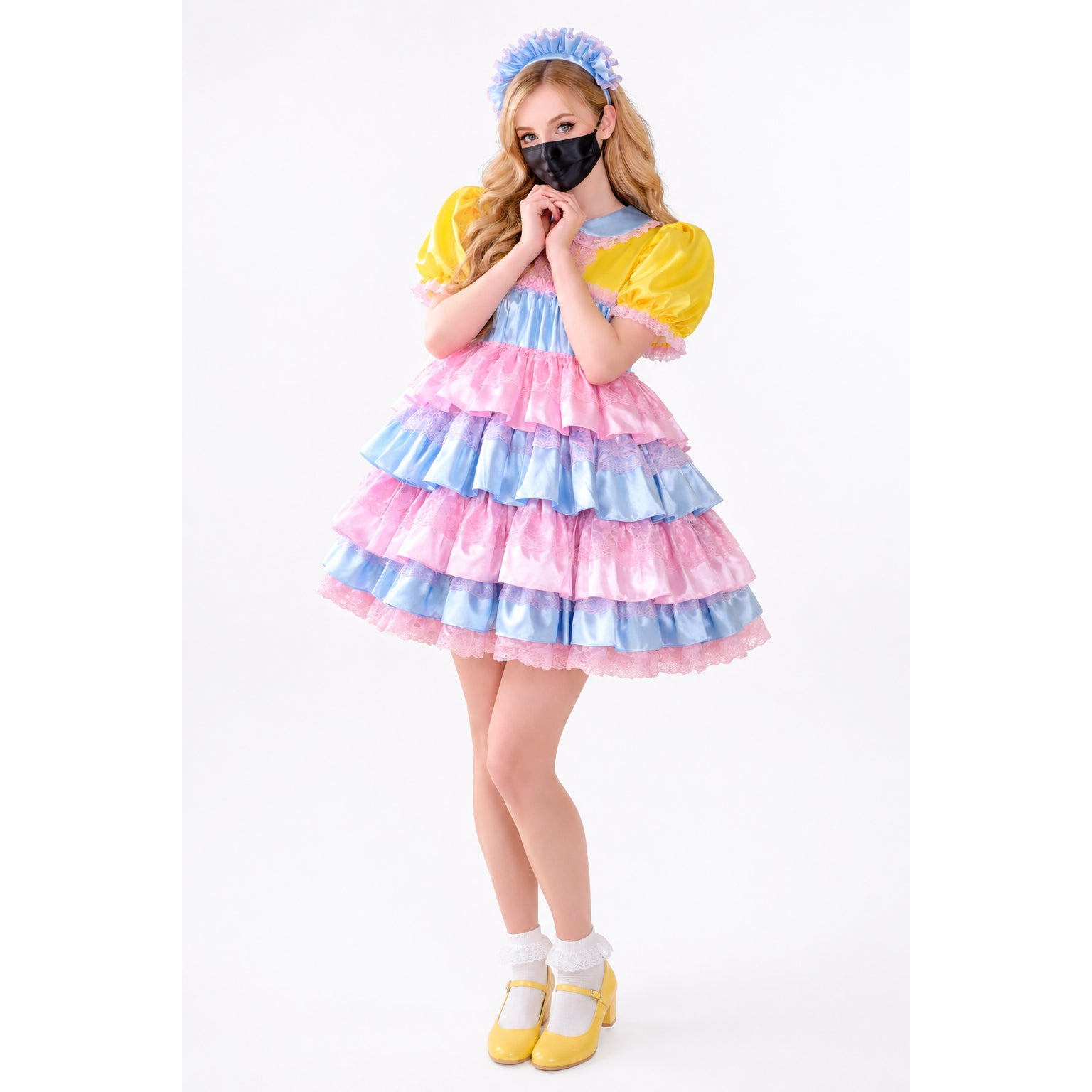 Pastel sissy maid dress with ruffled layers, yellow puffed sleeves, and matching headband for costume fashion
