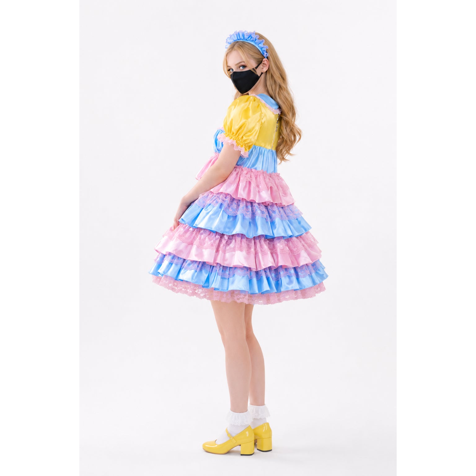 Pastel sissy maid dress with ruffled layers, yellow top, blue and pink skirt, lace trim, and matching headband