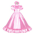 Pink satin sissy maid dress with ruffles and matching headpiece, elegant costume fashion
