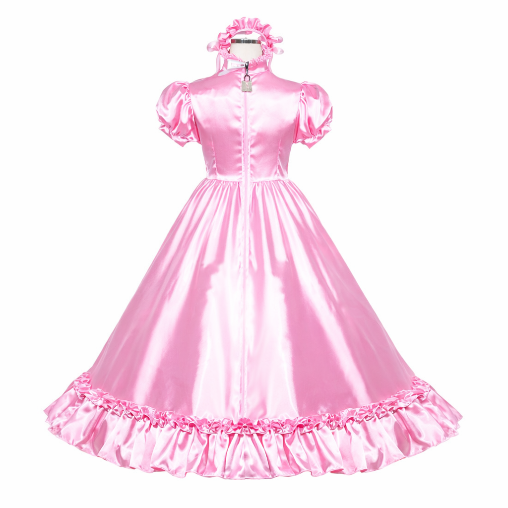 Pink satin sissy maid dress with ruffles, puff sleeves, and lockable collar