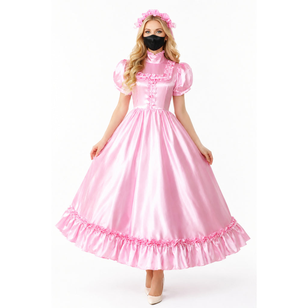 Pink satin sissy maid dress with ruffles, puff sleeves, and matching headband for costume fashion