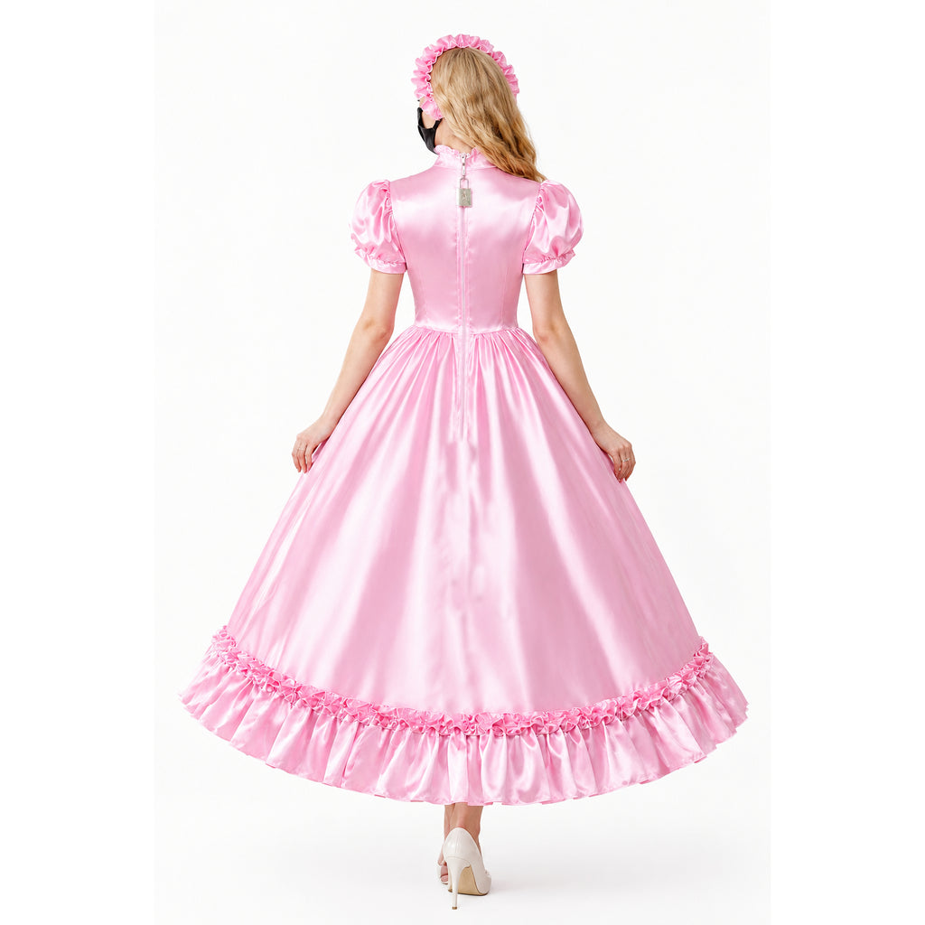 Pink sissy maid dress with ruffled hem and back zipper, shown from behind