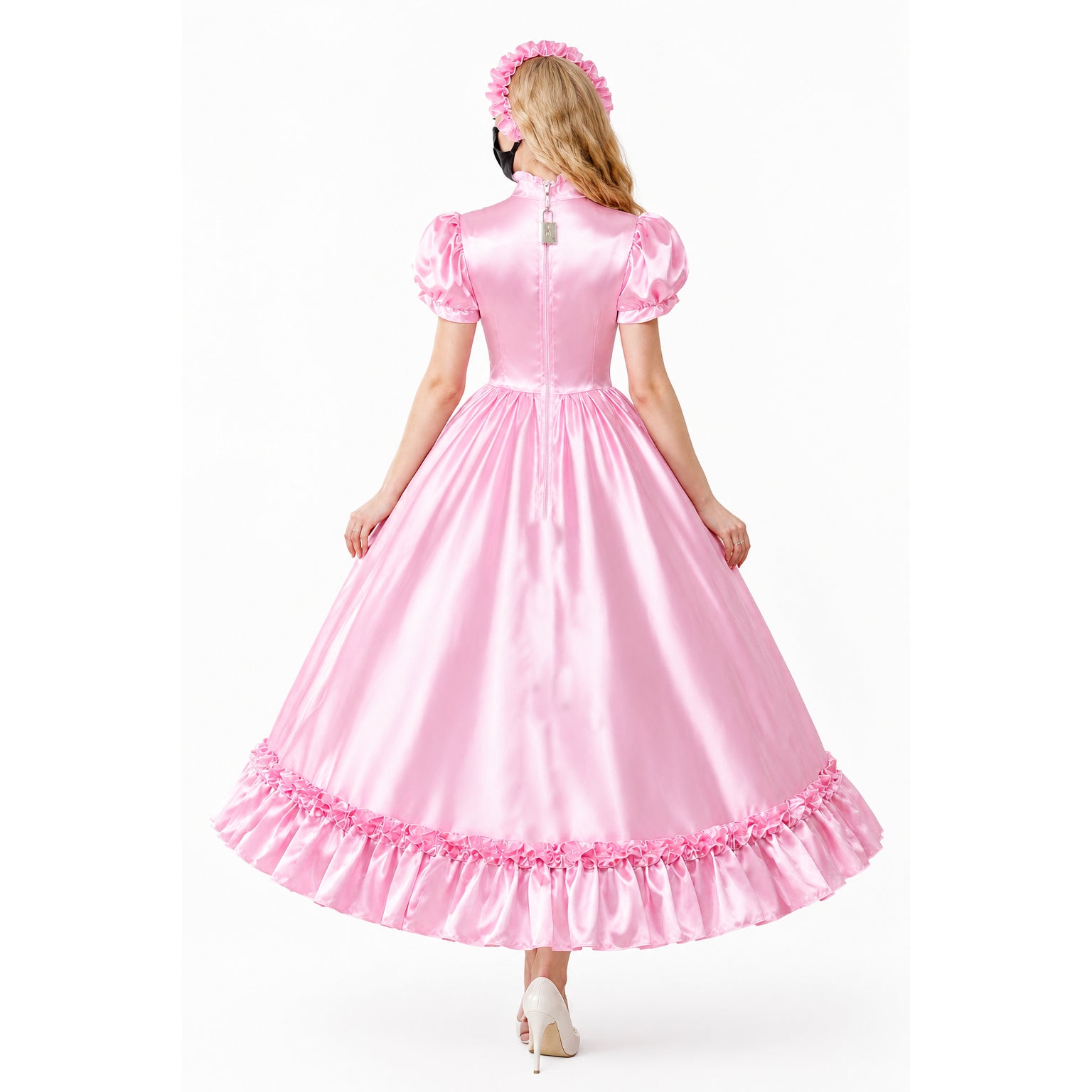 Pink sissy maid dress with ruffled hem and back zipper, shown from behind