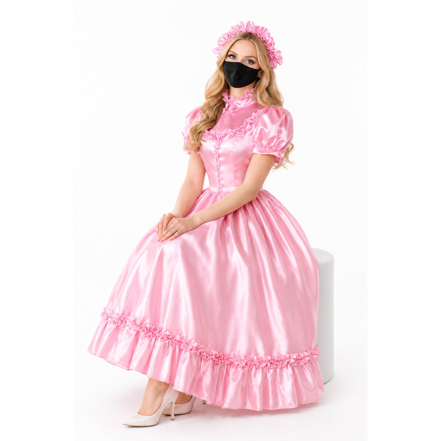Pink satin sissy maid dress with ruffles, matching headband, and elegant silhouette