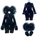 Black PVC sissy maid dress with ruffles, lockable front, and heart-shaped collar