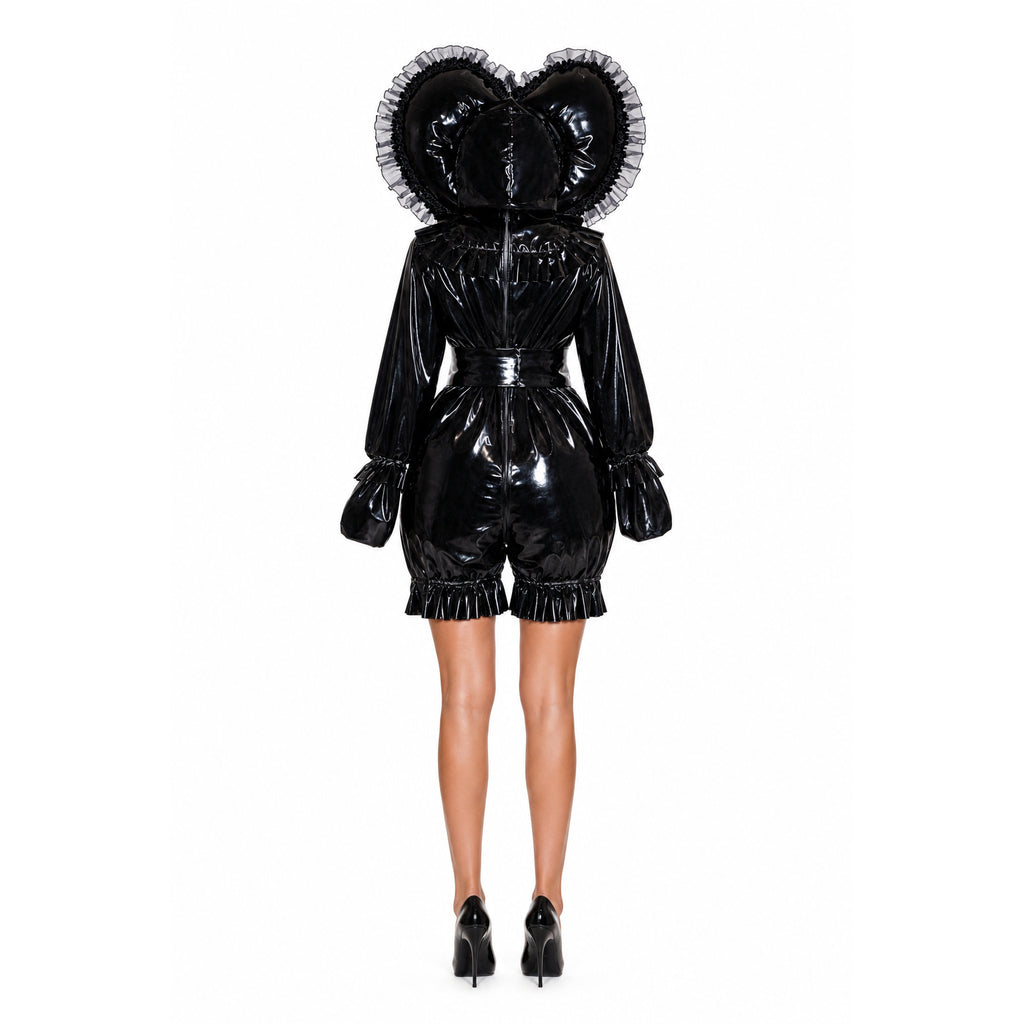 Black PVC sissy maid dress with ruffled heart hood, long sleeves, and high heels