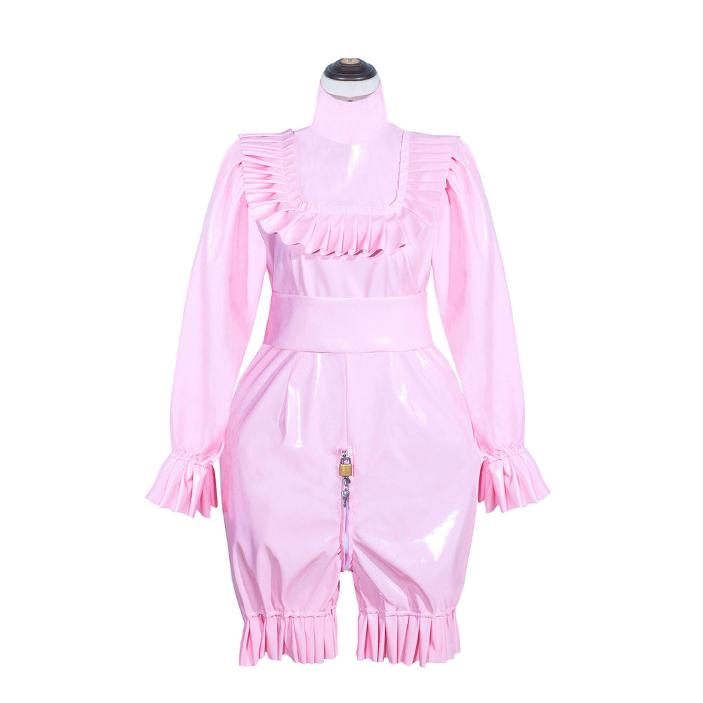 Pink sissy maid dress with ruffles, long sleeves, and front lock detail on mannequin