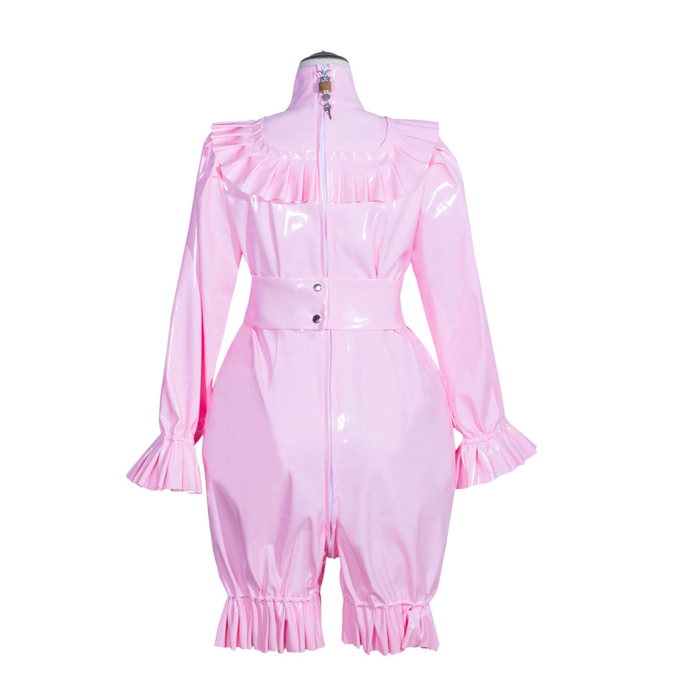 Pink PVC sissy maid dress with ruffles, long sleeves, and back zipper