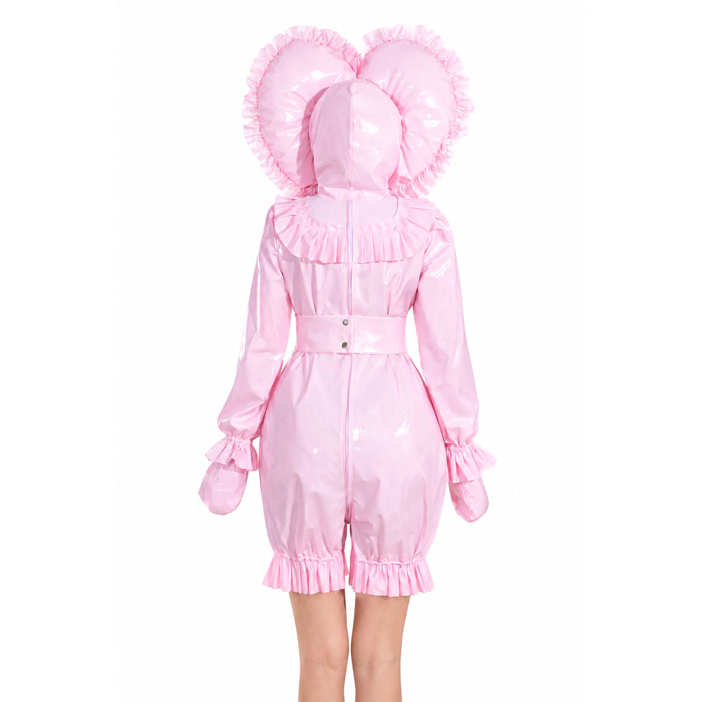 Pink PVC sissy maid dress with ruffled heart hood, long sleeves, and cinched waist
