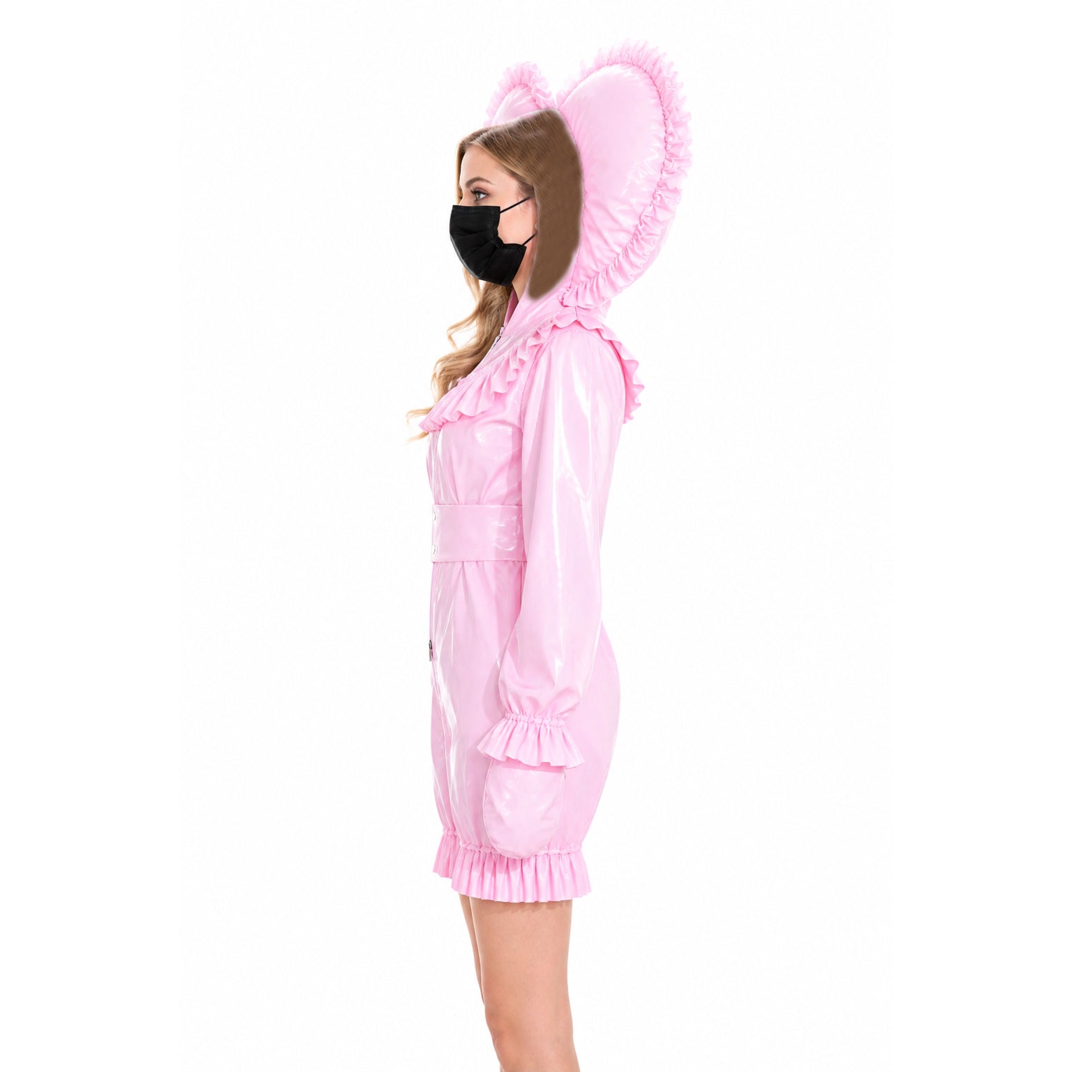 Pink PVC sissy maid dress with ruffles and heart-shaped hood, side view