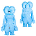Light blue sissy maid dress with heart hood, ruffles, and lockable front, shown front and back