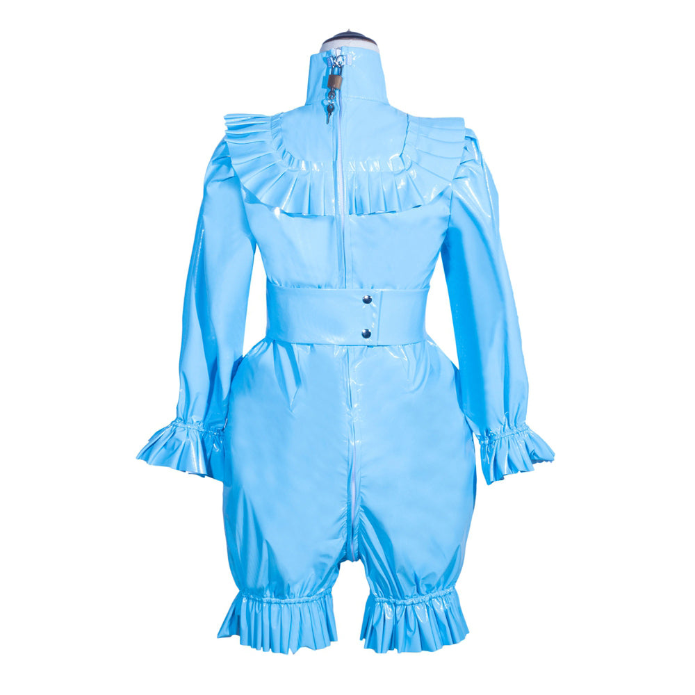 Blue sissy maid dress with ruffles, high collar, and lockable front zipper, crafted in shiny PVC material.