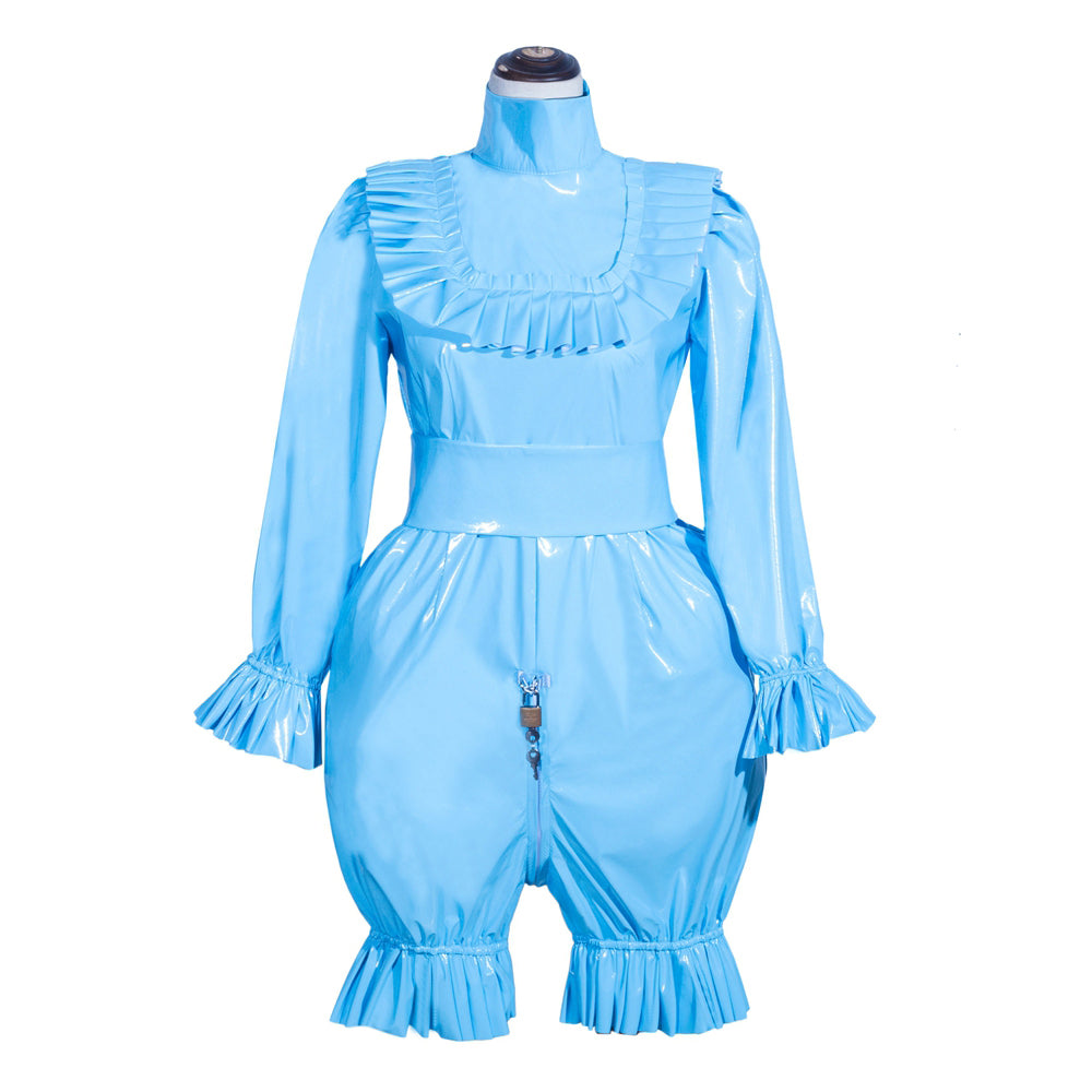 Blue PVC sissy maid dress with ruffles, long sleeves, and front lock detail