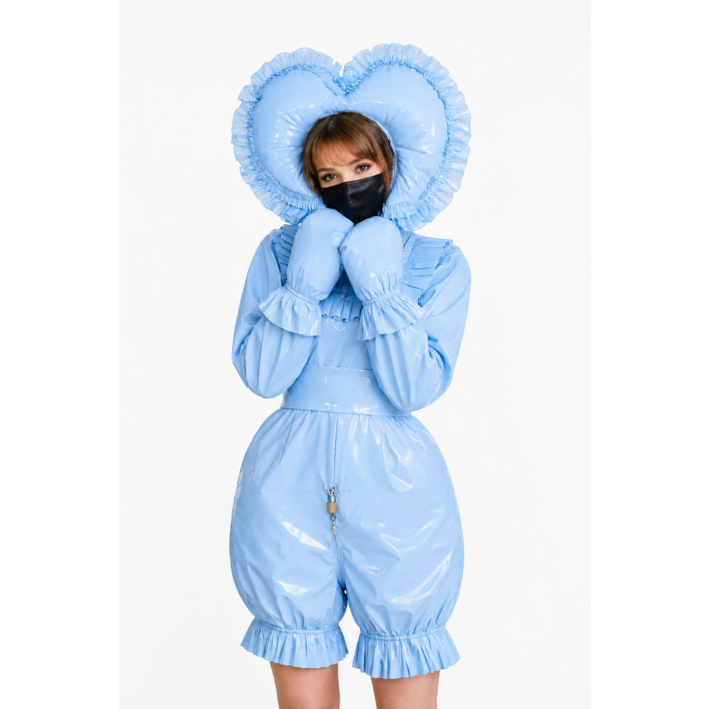 Blue PVC sissy maid dress with heart hood, ruffles, and front lock, featuring matching gloves and mask.