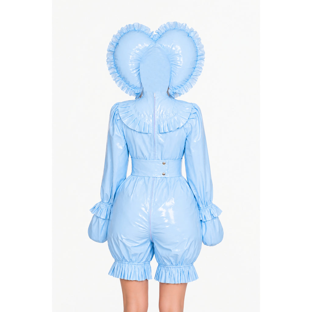 Light blue PVC sissy maid dress with heart hood, ruffles, and cinched waist