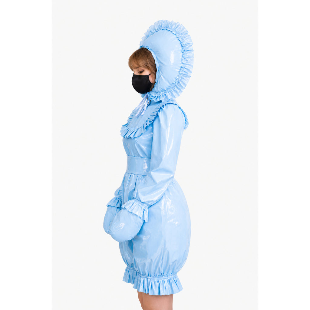 Light blue PVC sissy maid dress with ruffled hood and cuffs, side view