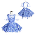 Blue and white gingham sissy maid dress with ruffles and puffed sleeves, front and back view