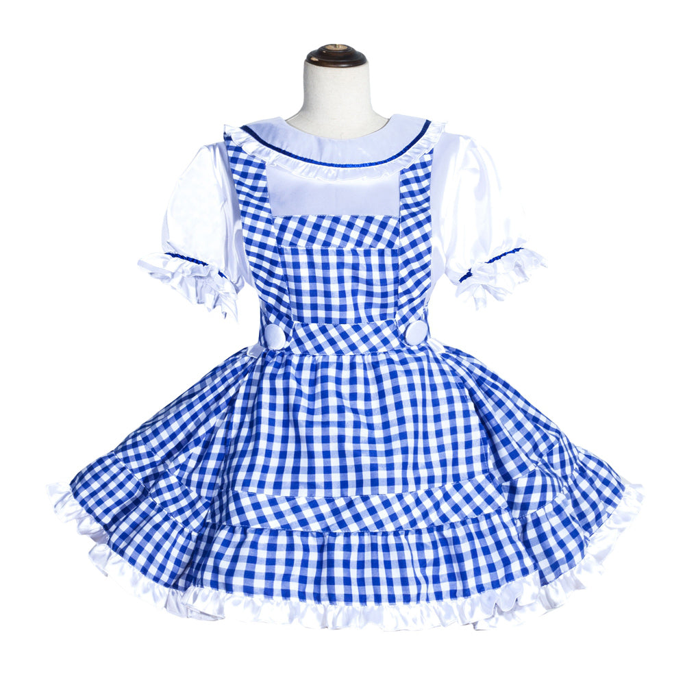Blue and white gingham sissy maid dress with ruffled sleeves and tiered skirt on mannequin