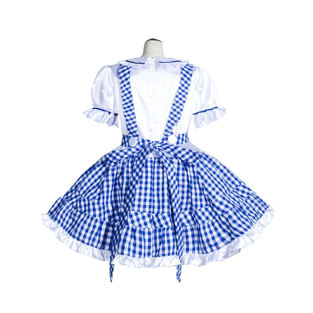 Blue and white gingham sissy maid dress with ruffled sleeves and bow back detail