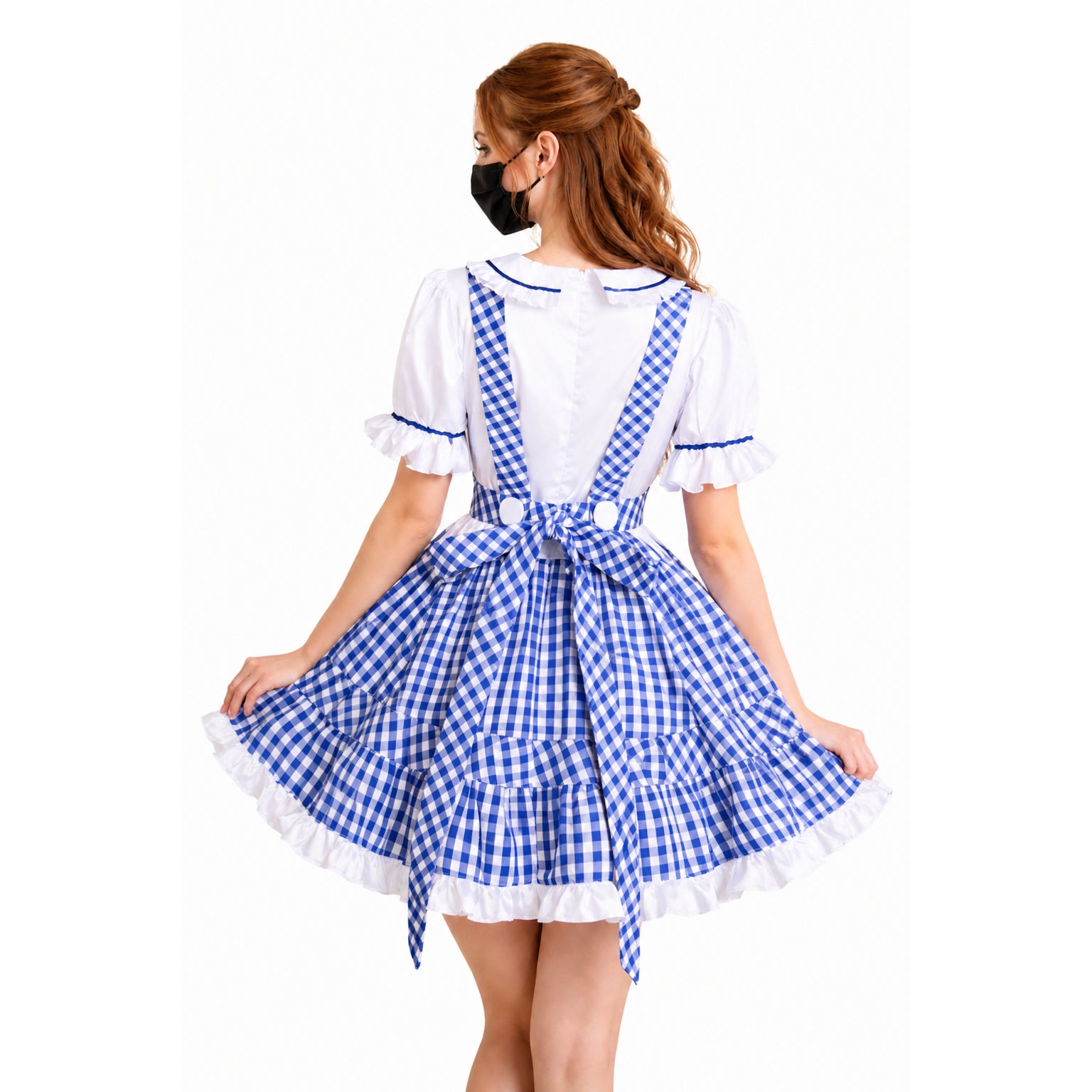 Blue and white gingham sissy maid dress with ruffled sleeves and bow back