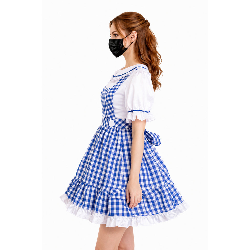 Blue and white gingham sissy maid dress with ruffles and bow, worn with black mask