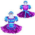 Purple and blue sissy maid dress set with ruffles, bow, and matching headband on mannequin