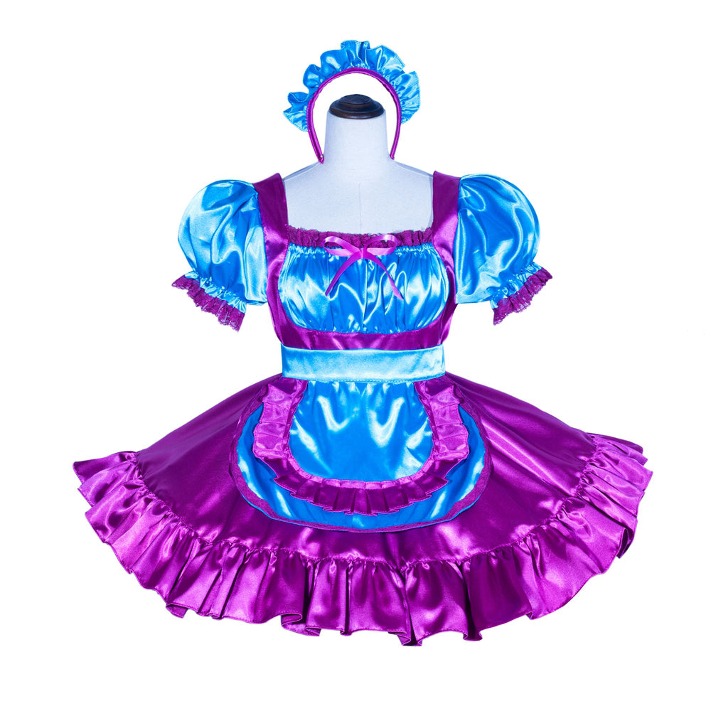 Blue and purple sissy maid dress with ruffles and matching headband
