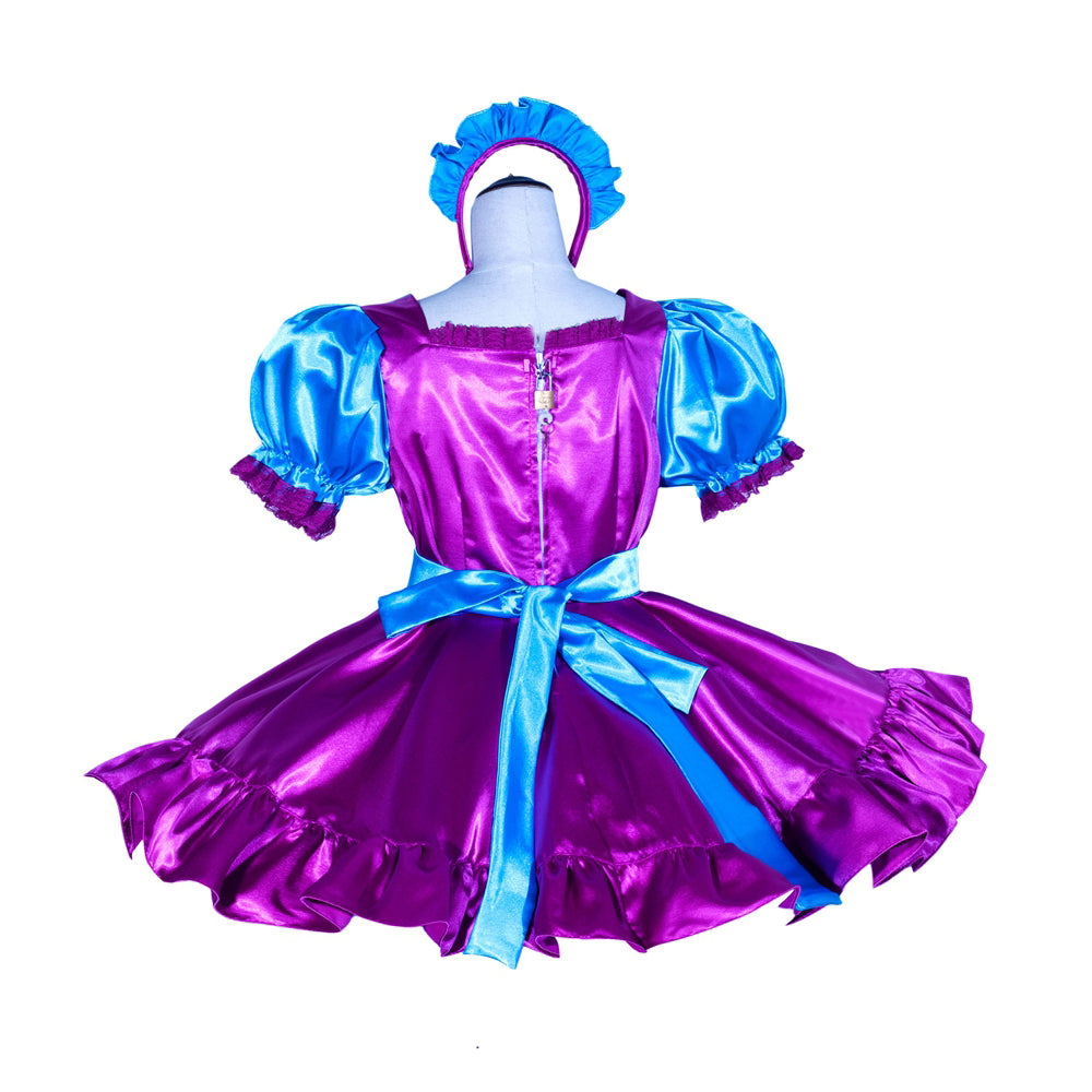 Purple and blue sissy maid dress with ruffled sleeves and bow, featuring lockable design