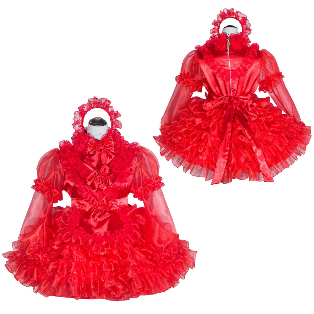 Red sissy maid dress with ruffles, bows, and sheer sleeves for elegant costume fashion