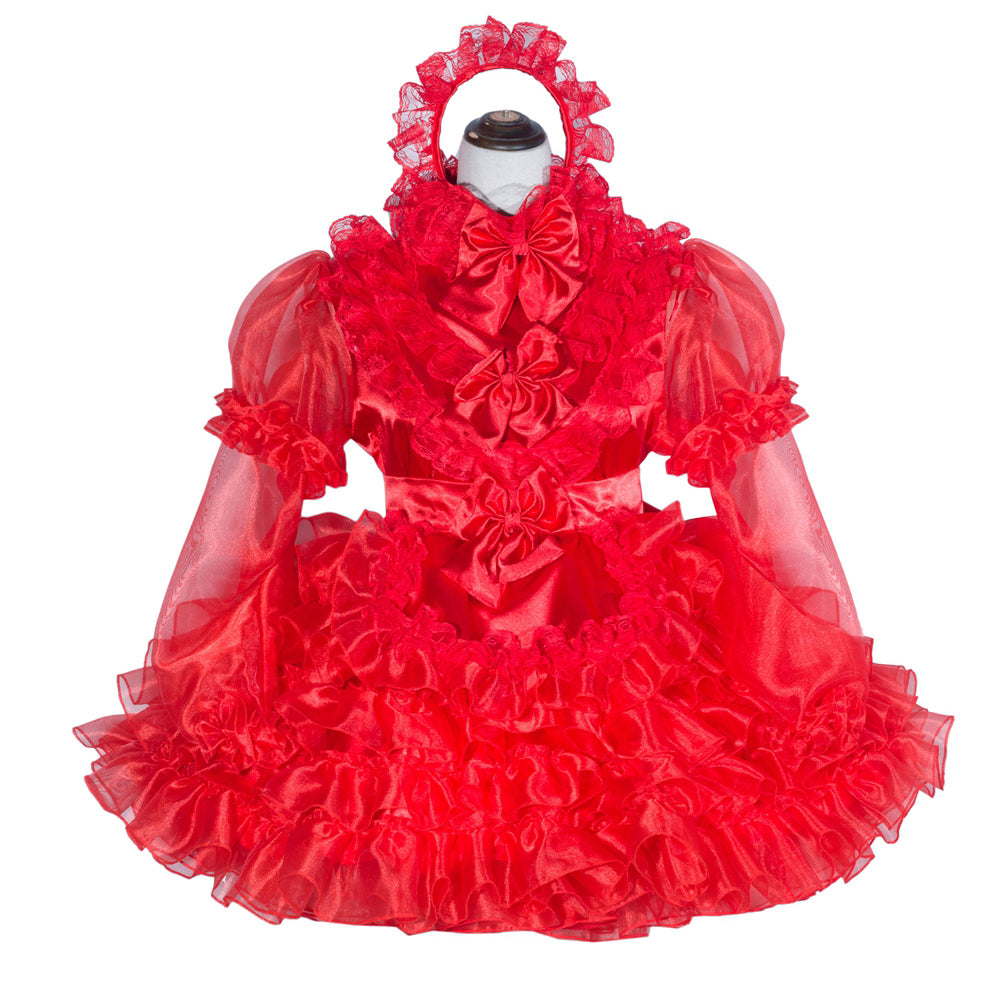 Red sissy maid dress with ruffles, bows, and sheer sleeves on mannequin