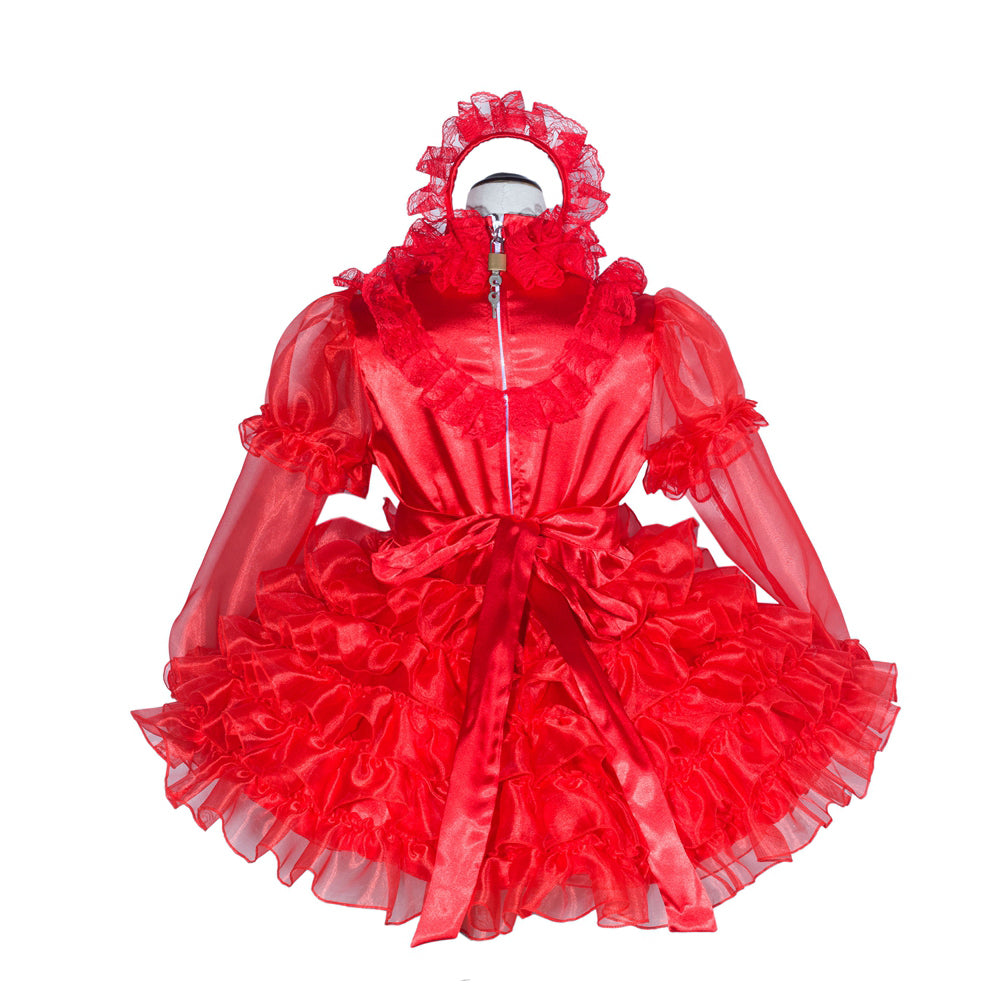 Red sissy maid dress with ruffles, sheer sleeves, and front zipper, styled for boutique costume fashion