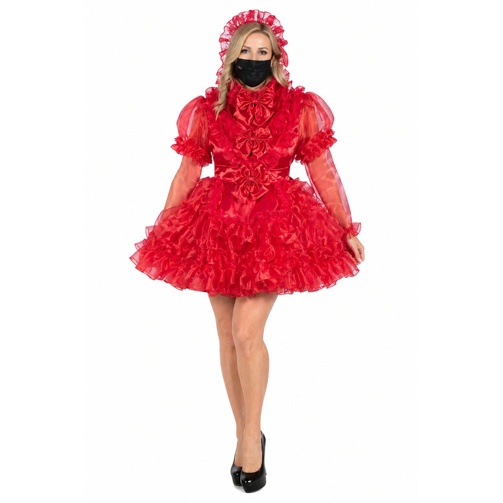 Red sissy maid dress with ruffles, bow details, and matching bonnet, styled with black heels
