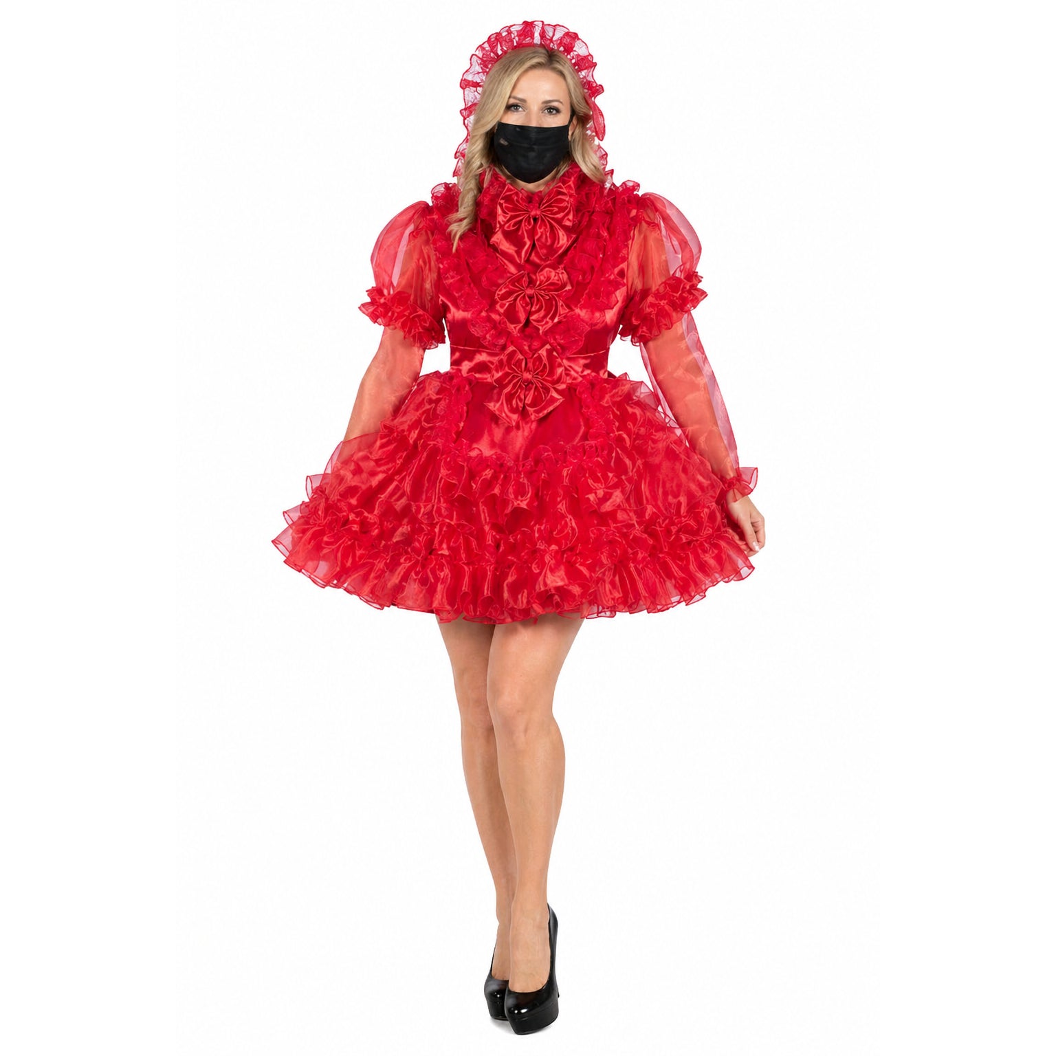 Red sissy maid dress with ruffles, bow details, and matching bonnet, styled with black heels